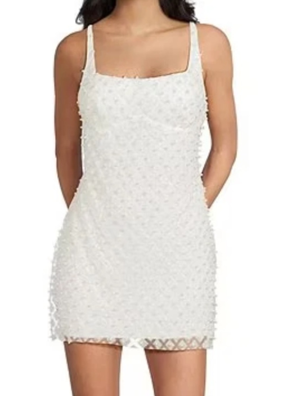 White Textured Mini Dress with Spaghetti Straps- Wedding Reception Dress